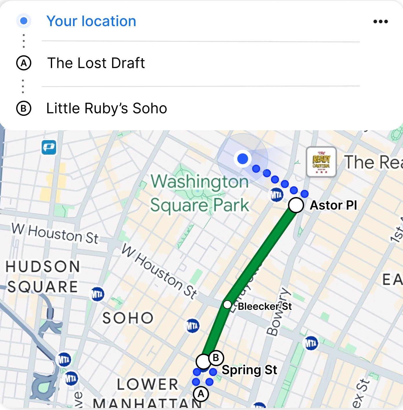A route preview in the chat with two stops, The Lost Draft and Little Ruby's Soho, mapped from your location