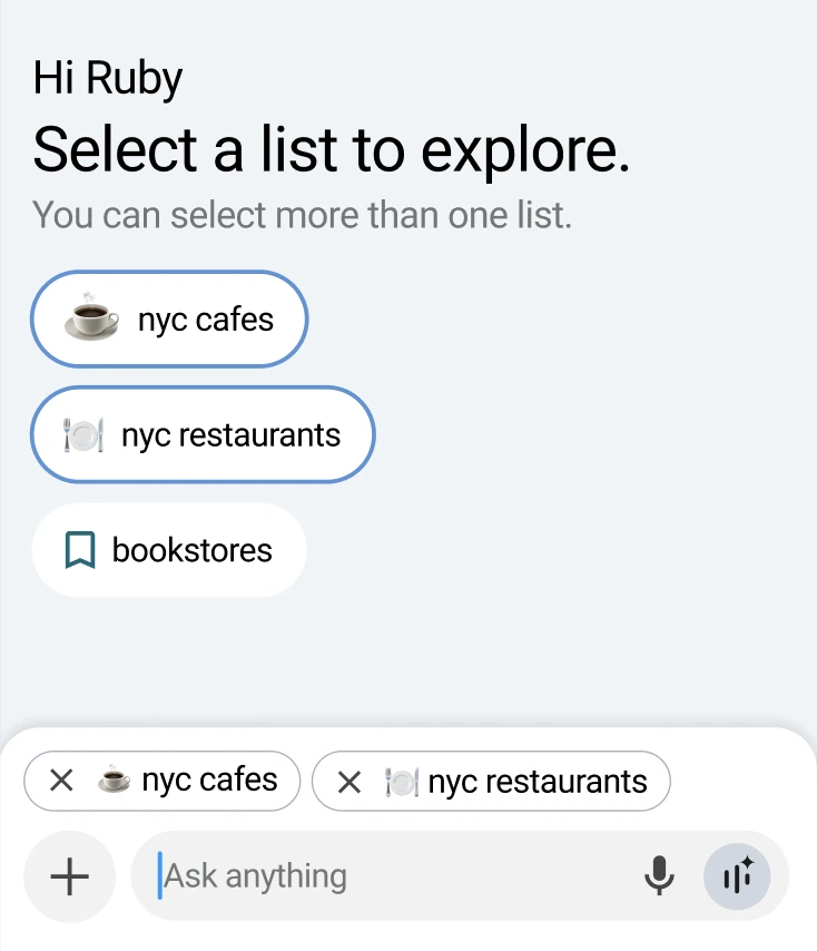 A prompt to select one or more saved lists to explore, with nyc cafes and nyc restaurants selected