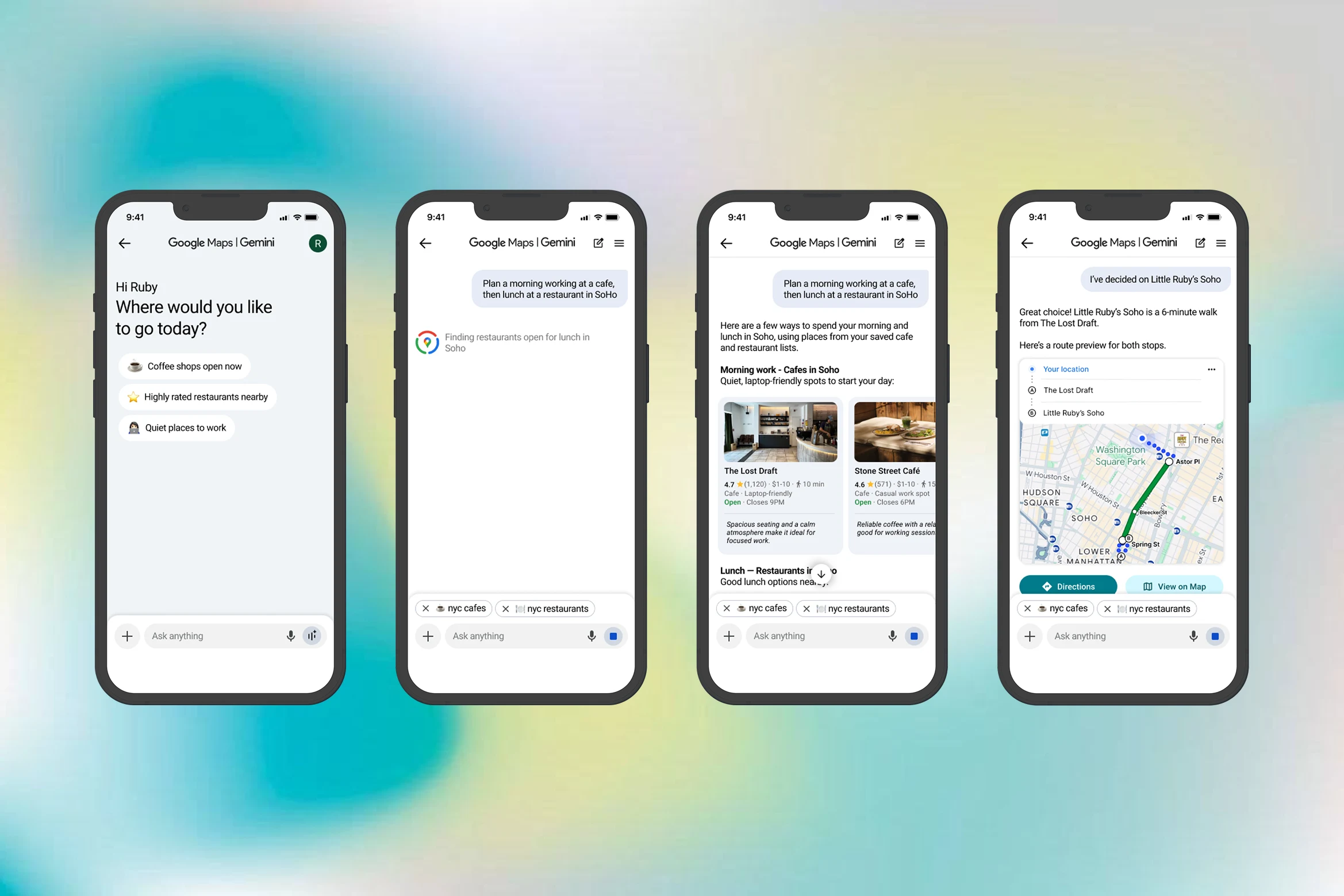 Four Google Maps assistant screens: entry with contextual prompts, finding places, cafe recommendations with cards, and a route preview