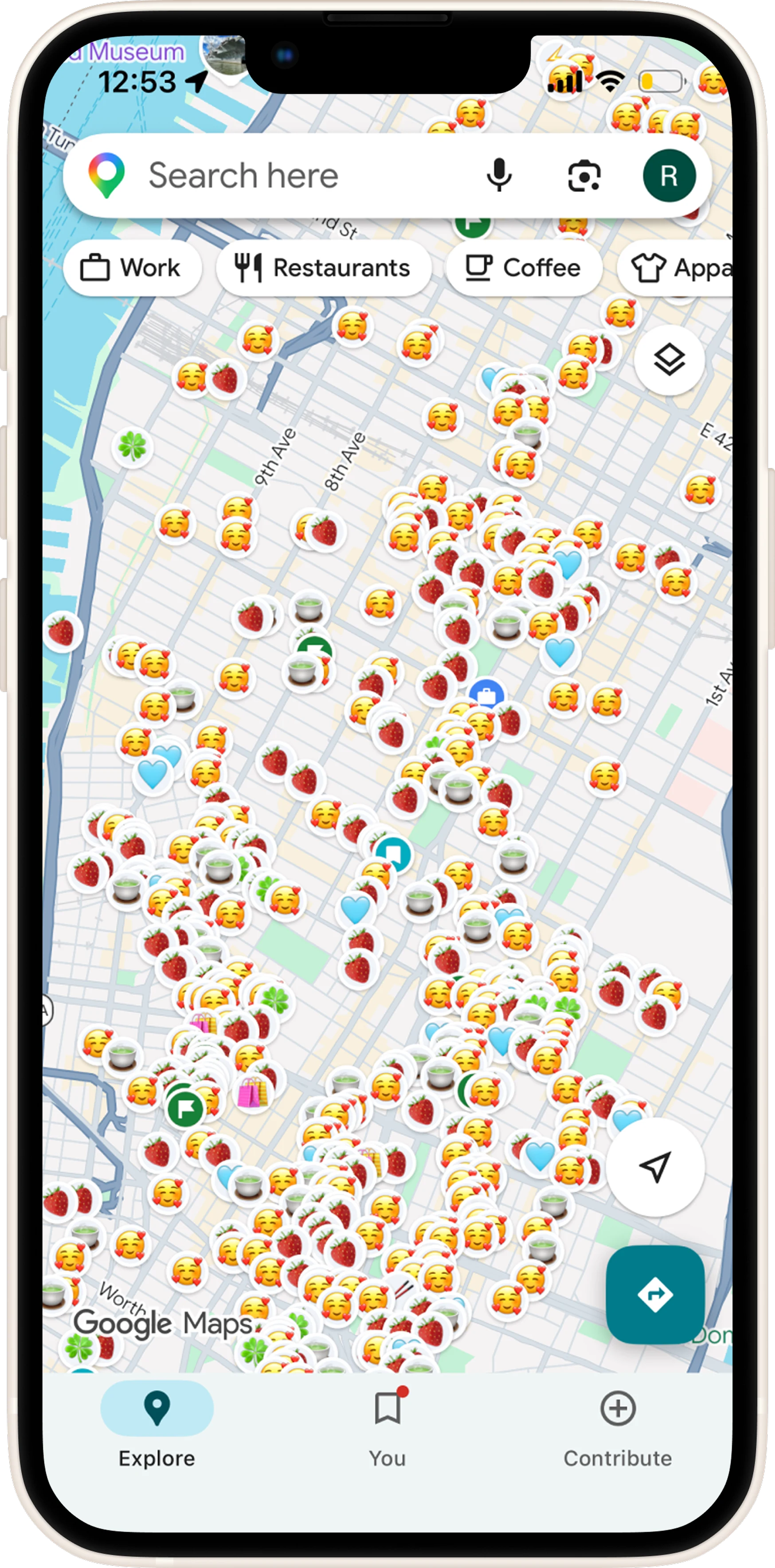 Google Maps on a phone showing hundreds of saved places pinned across New York City