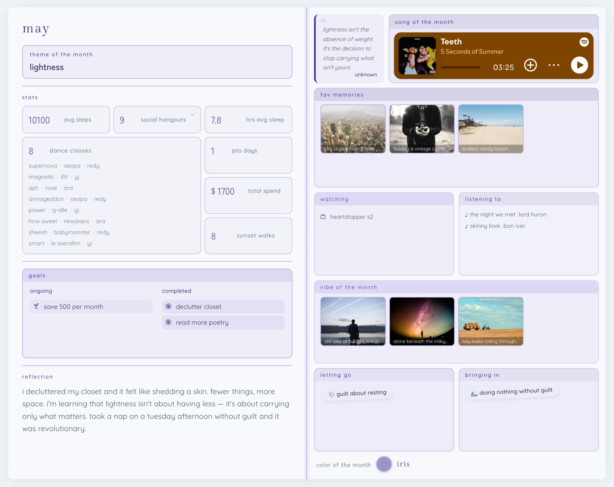 Monthly spread showing structured tracking on the left and expressive content on the right